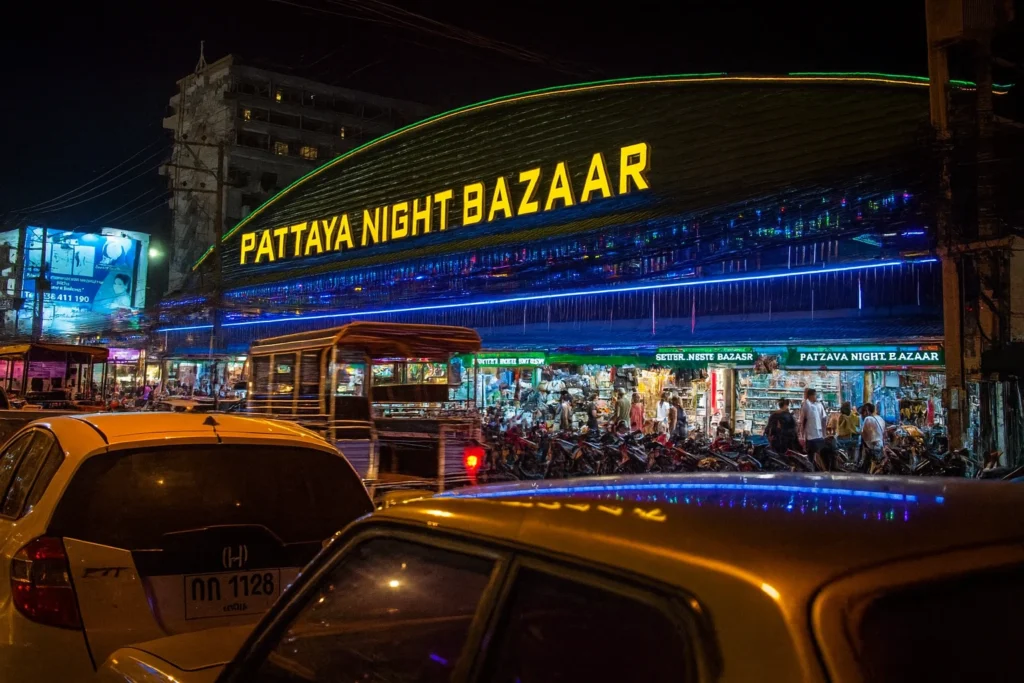 Pattaya Night Bazaar market with clothing stalls and local shopping