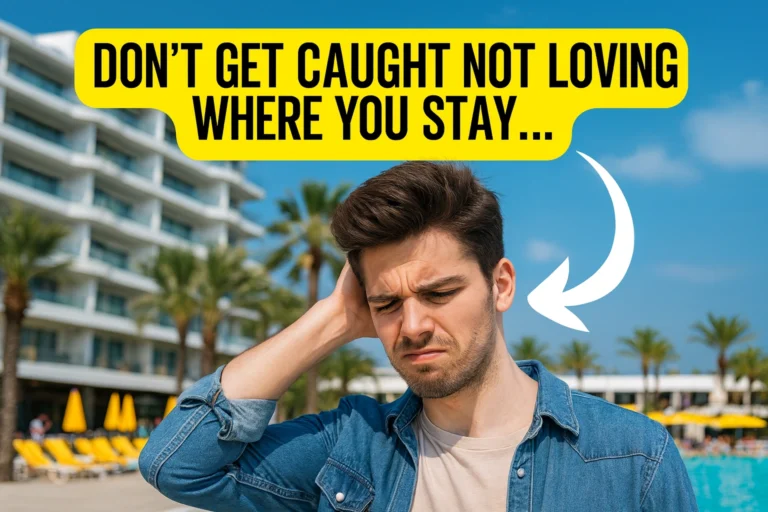 A frustrated tourist stands in front of a luxury hotel and pool in Pattaya, regretting his accommodation choice, with a bold yellow banner reading "DON’T GET CAUGHT NOT LOVING WHERE YOU STAY.."