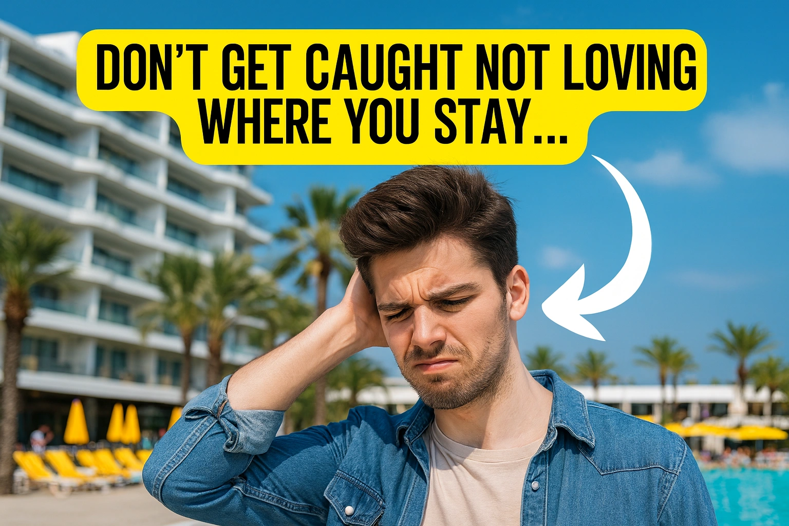 A frustrated tourist stands in front of a luxury hotel and pool in Pattaya, regretting his accommodation choice, with a bold yellow banner reading "DON’T GET CAUGHT NOT LOVING WHERE YOU STAY.."