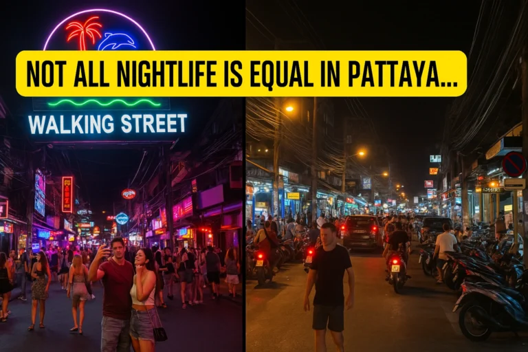 Split image showing a comparison between Pattaya's Walking Street with neon lights and crowds, and Soi Buakhao with a grittier, local vibe and traffic, under the headline “Not All Nightlife is Equal in Pattaya…”.
