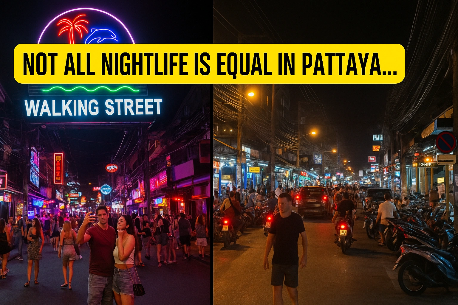 Split image showing a comparison between Pattaya's Walking Street with neon lights and crowds, and Soi Buakhao with a grittier, local vibe and traffic, under the headline “Not All Nightlife is Equal in Pattaya…”.