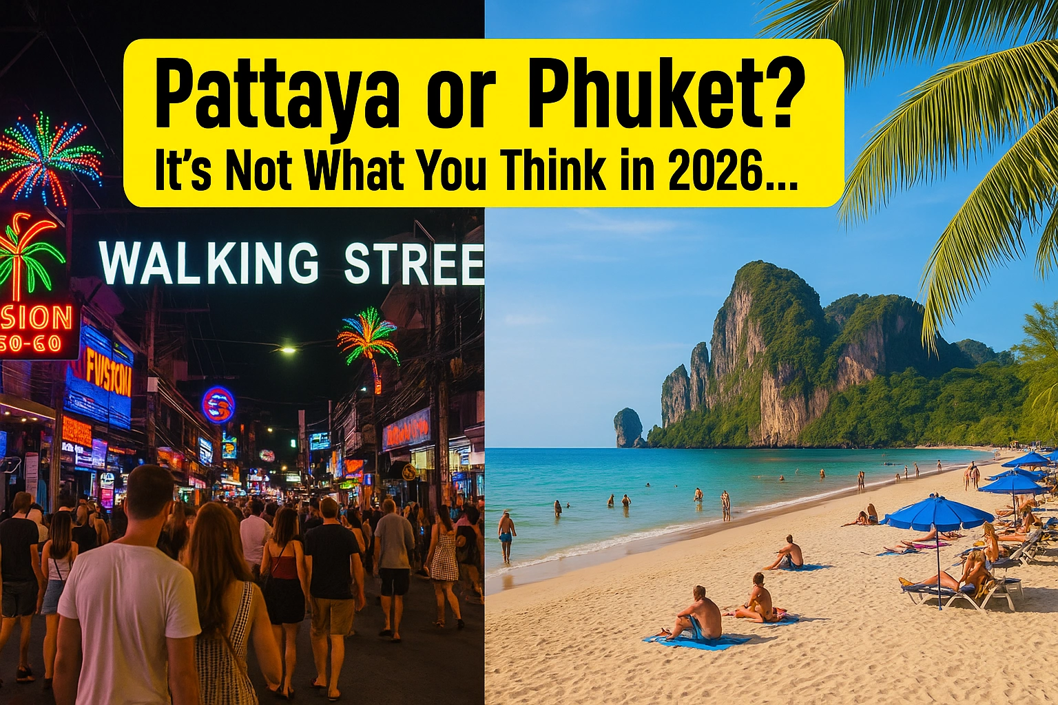 Split image showing a comparison between Pattaya’s vibrant Walking Street nightlife and Phuket’s tranquil beach with mountains, under the bold title “Pattaya or Phuket? It’s Not What You Think in 2026…”.