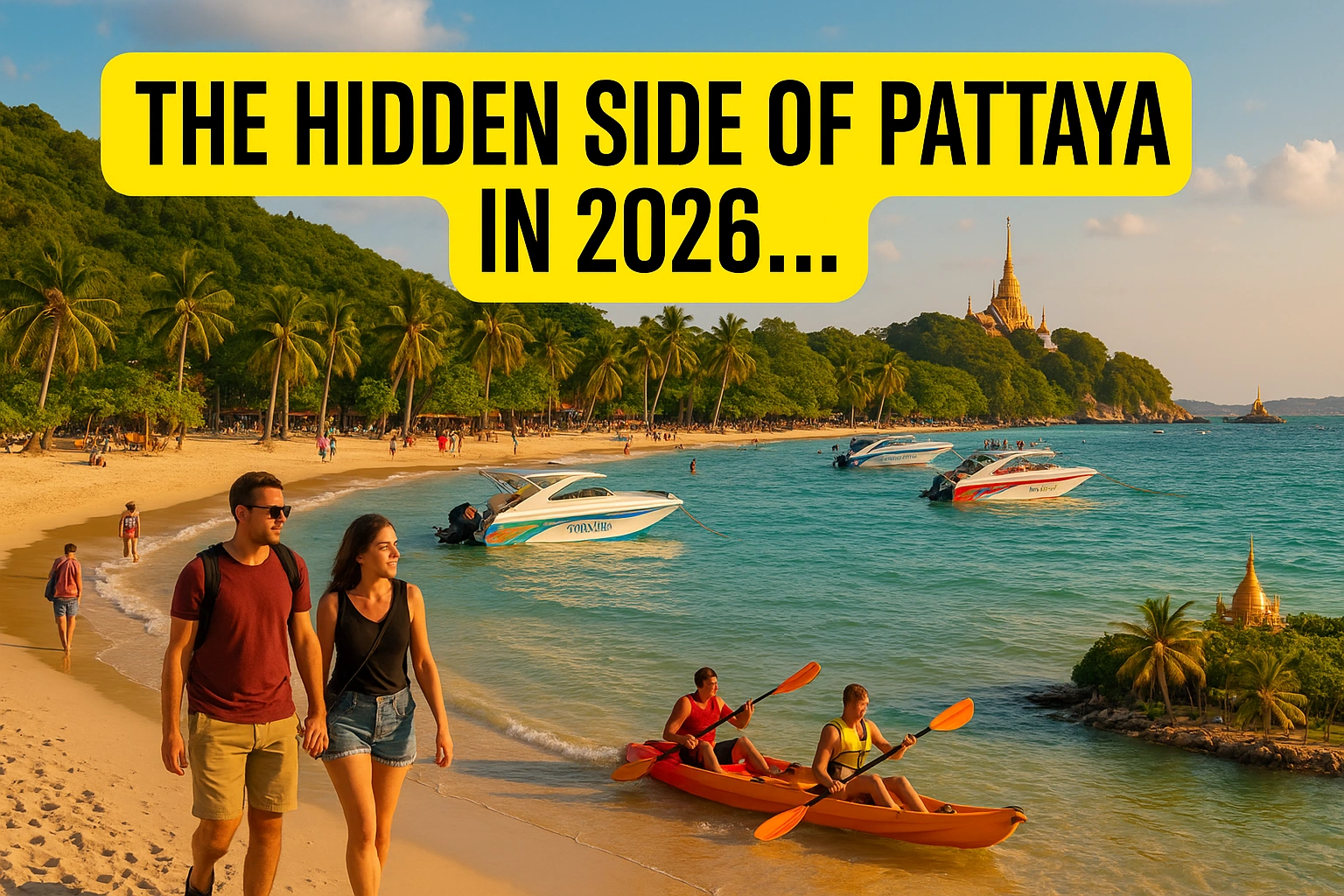 A scenic beach in Pattaya, Thailand, in 2026 with a couple walking along the sand, kayakers in the water, speedboats anchored near shore, and a golden temple visible in the background. Text overlay reads: “The Hidden Side of Pattaya in 2026…”.