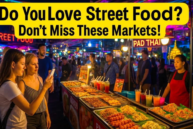 A colorful night market scene in Pattaya with tourists admiring rows of Thai street food including Pad Thai, skewers, and fruit drinks. A bold yellow banner at the top reads “Do You Love Street Food? Don’t Miss These Markets!”.