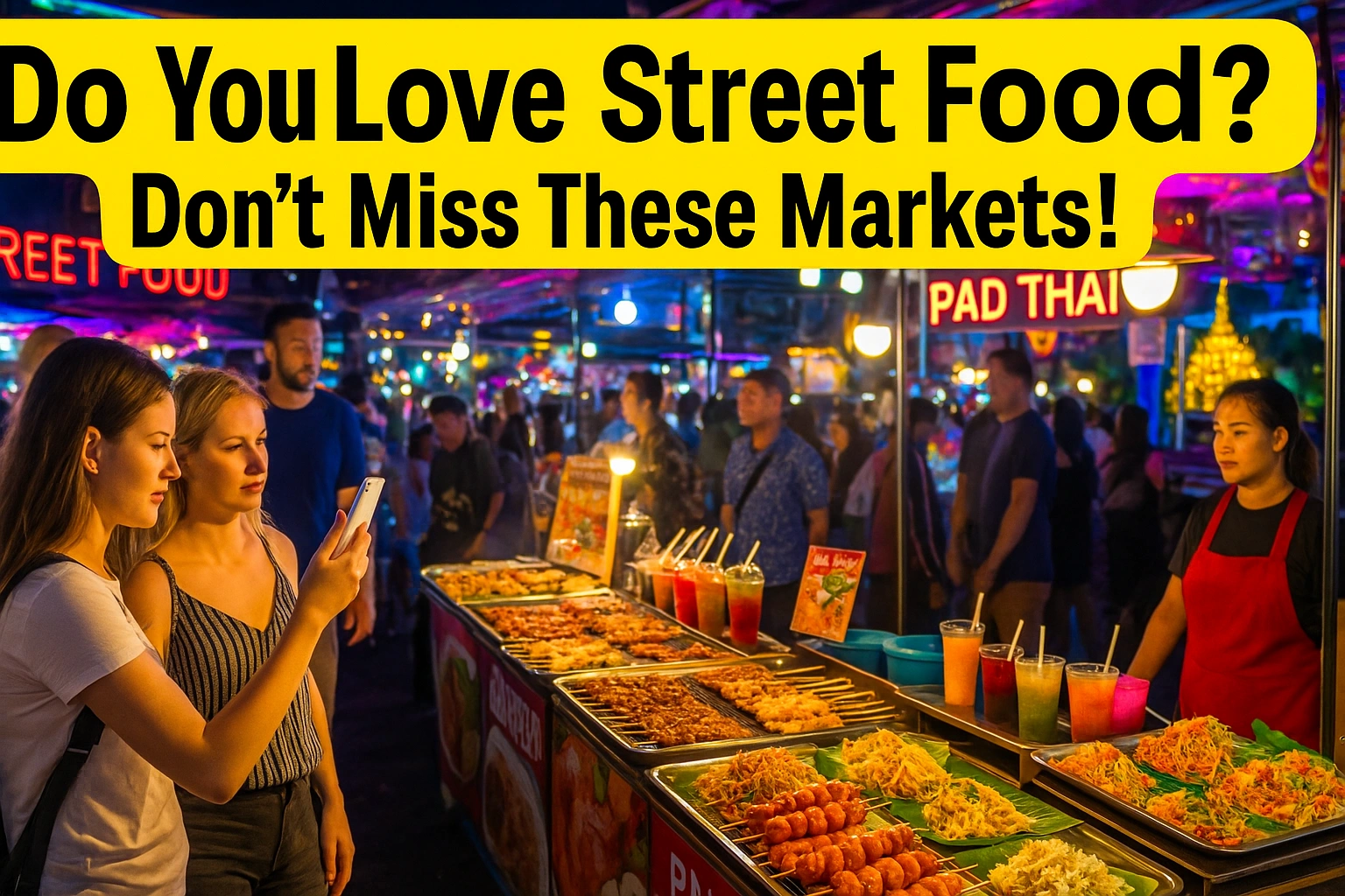 A colorful night market scene in Pattaya with tourists admiring rows of Thai street food including Pad Thai, skewers, and fruit drinks. A bold yellow banner at the top reads “Do You Love Street Food? Don’t Miss These Markets!”.