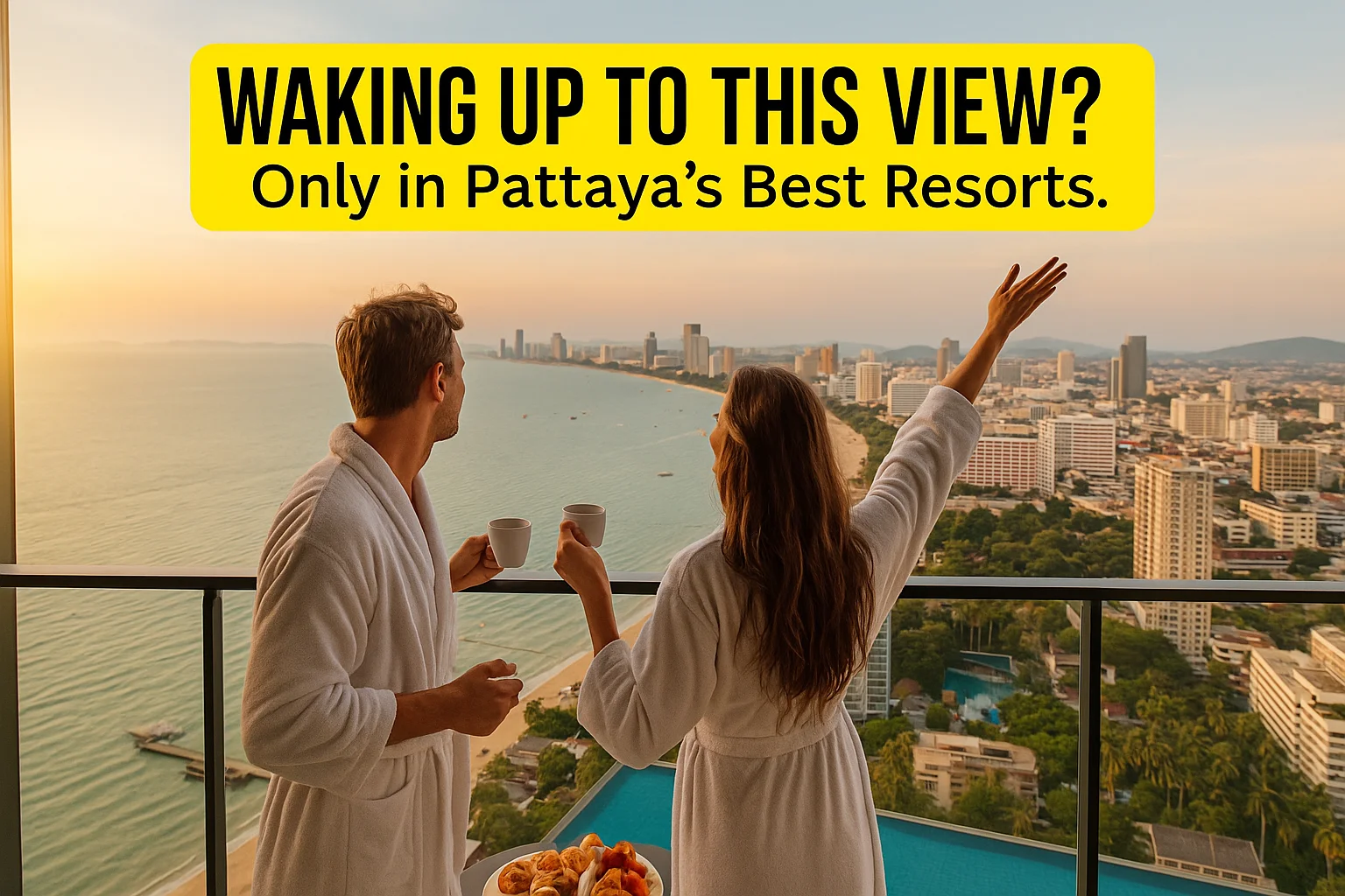 A couple in white bathrobes stands on a high-rise balcony in Pattaya, sipping coffee and enjoying a panoramic view of the coastline and city skyline during sunrise, with the caption “Waking Up to This View? Only in Pattaya’s Best Resorts.”.