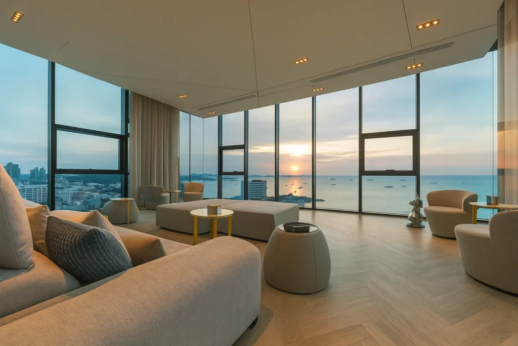 A high-rise corner living room in Pattaya with floor-to-ceiling windows offering panoramic ocean views at sunset. The modern interior features neutral-toned furniture, a spacious layout, and a glowing horizon over the sea.
Pattaya Beach Road at sunset with tourists walking beside the beachfront in 2025.