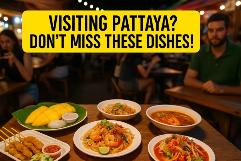 A table full of colorful Thai street food dishes in a lively night market setting in Pattaya. Featured dishes include Pad Thai, mango sticky rice, satay skewers, and spicy papaya salad. The top of the image displays the text: “Visiting Pattaya? Don’t Miss These Dishes!”.