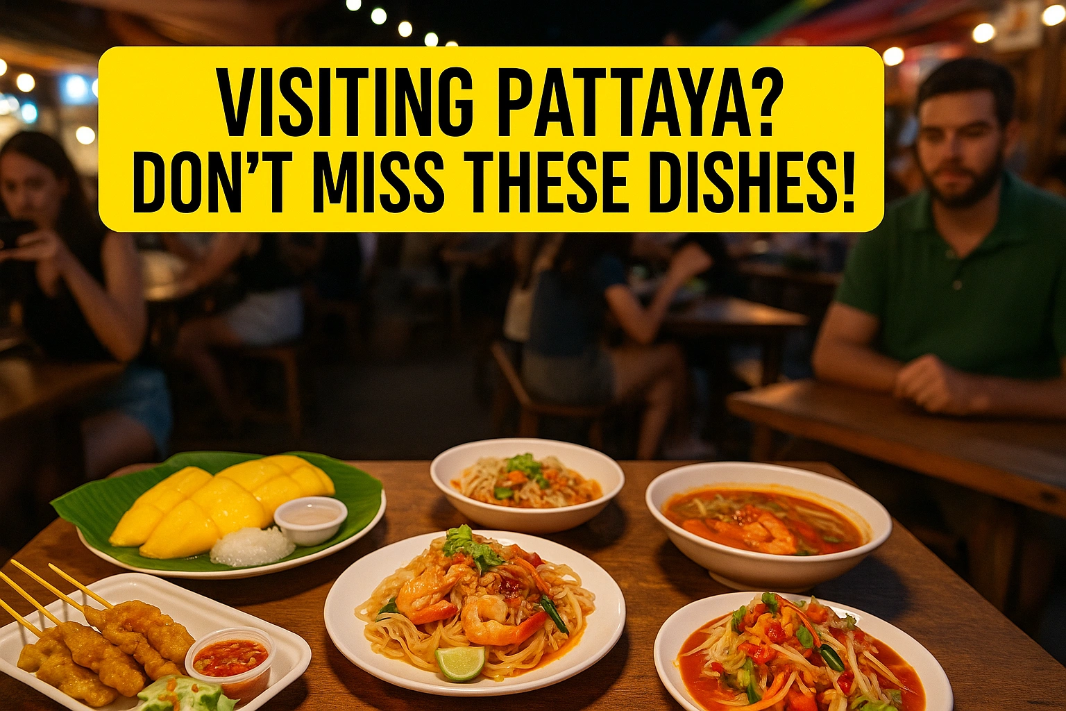 A table full of colorful Thai street food dishes in a lively night market setting in Pattaya. Featured dishes include Pad Thai, mango sticky rice, satay skewers, and spicy papaya salad. The top of the image displays the text: “Visiting Pattaya? Don’t Miss These Dishes!”.