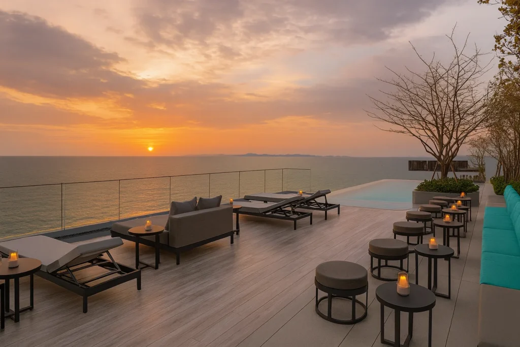 Jomtien Beach evening view with people walking along the sand and food stalls in 2025.