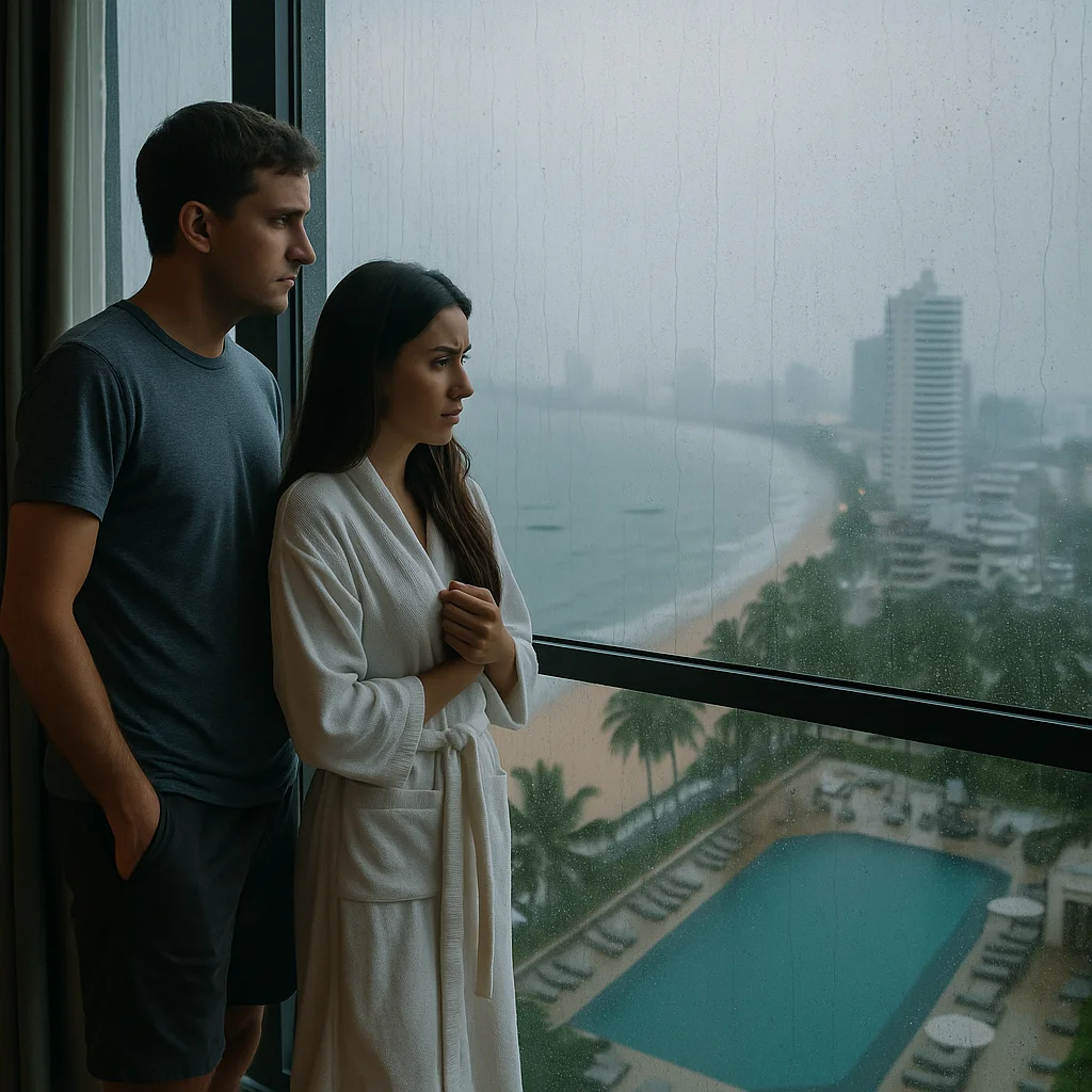 A couple standing by the window inside a high-rise hotel in Pattaya, looking out at a rainy cityscape with grey skies and wet streets. The mood is quiet and reflective, suggesting their plans were disrupted by the weather.