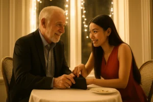 Tourist sitting with a local date in a Pattaya bar at night, showing how dating scams can lead to expensive bills and unrealistic expectations in 2025