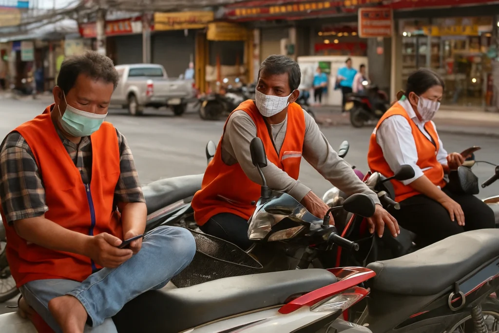 Orange motorbike taxi in Pattaya waiting for passengers, a common local transport that often overcharges tourists compared to Bolt or Grab in 2025