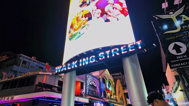 Walking Street Pattaya at night with neon signs, crowded bars and tourists exploring the city’s busiest nightlife area in 2025