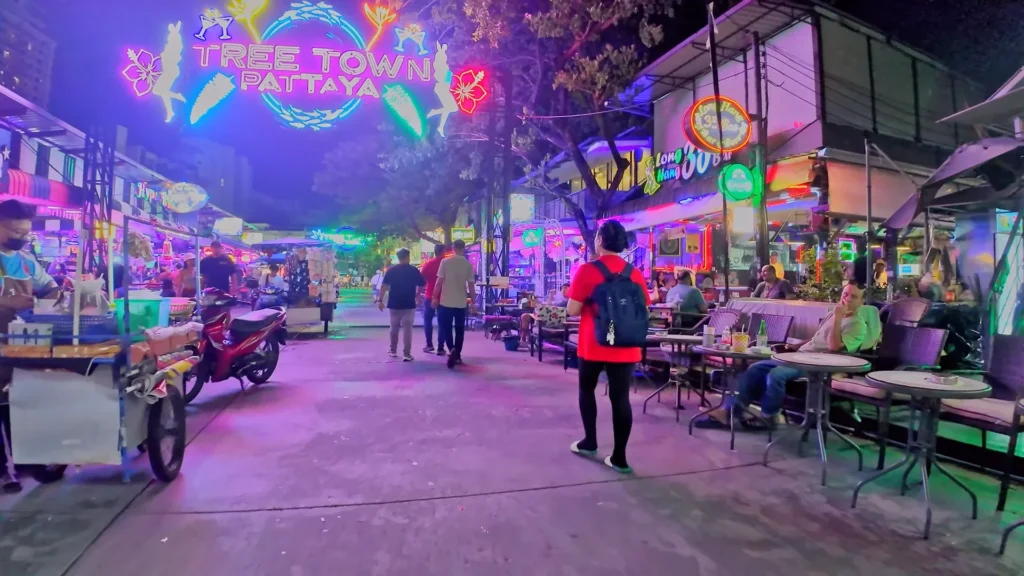 Treetown Pattaya at night with busy bars and real street nightlife atmosphere