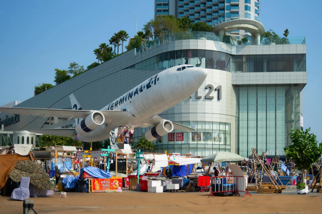 Terminal 21 Pattaya shopping mall with airplane theme and city view