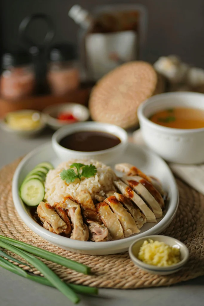 Khao Man Gai Thai chicken rice served with soy and ginger sauce