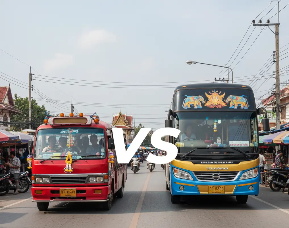 Summary graphic showing Bangkok to Pattaya travel options with distance of about 150 kilometers, bus and taxi prices, and typical travel times.