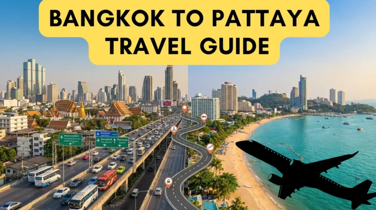 Wide travel image showing the route from Bangkok to Pattaya, with city roads on one side, Pattaya beach on the other, and a short title at the top explaining the Bangkok to Pattaya travel guide.