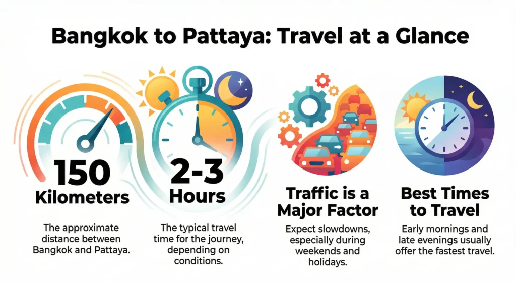 Map illustration showing the Bangkok to Pattaya distance of about 150 kilometers with estimated travel time by road.