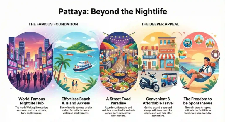 Overview illustration showing Pattaya beaches, nightlife, street food, markets and nearby islands, highlighting what Pattaya is famous for.