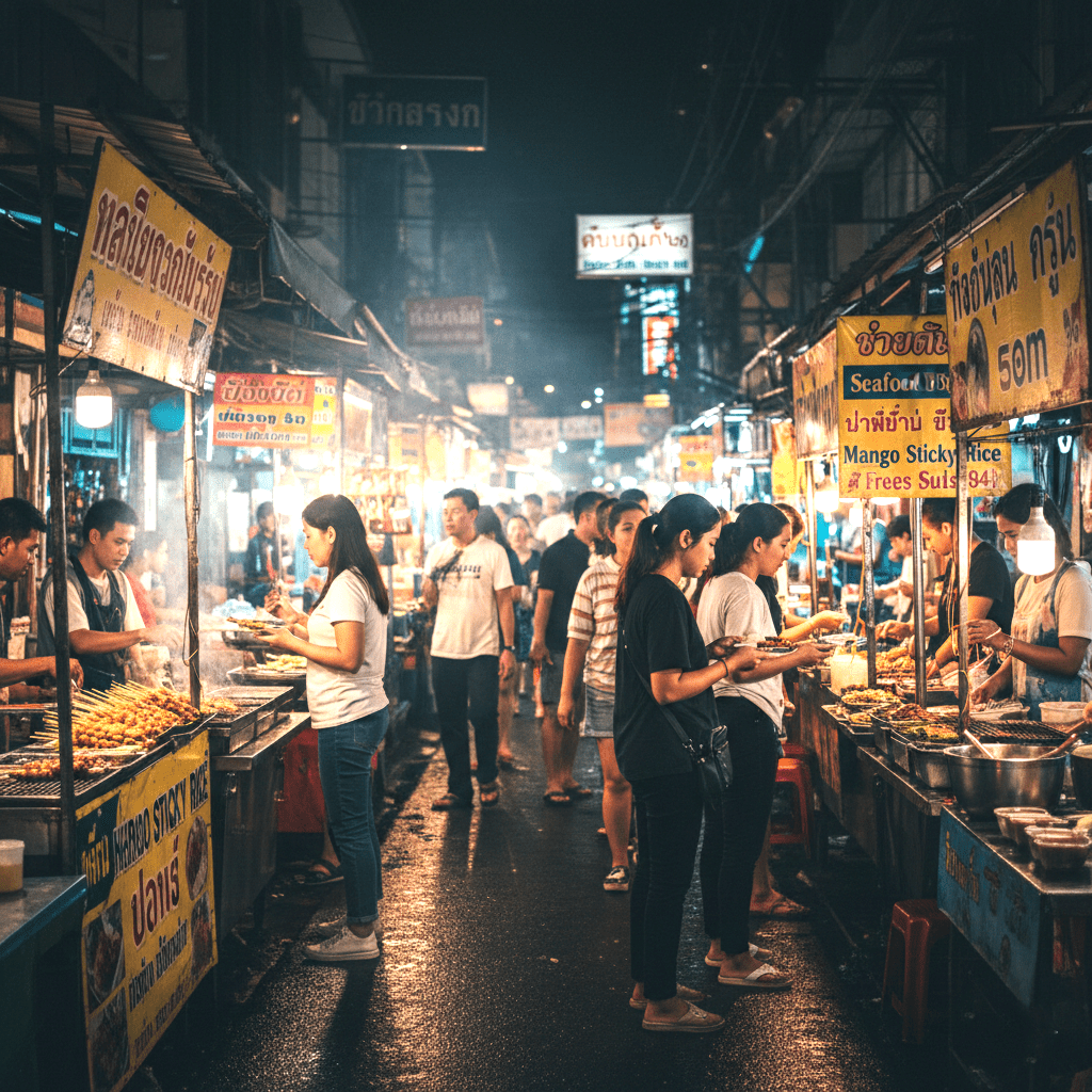 Pattaya night market at night with street food stalls, lights, and people walking, showing the real atmosphere of Pattaya after dark