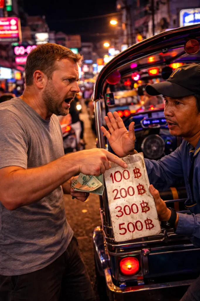 American tourist in Thailand arguing with a local police officer about a bill or fine, visibly frustrated while pointing at a receipt on a busy street in Pattaya.