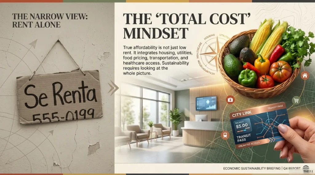 Mexican rental sign next to grocery basket and transit card — total cost mindset beyond rent in Mexico