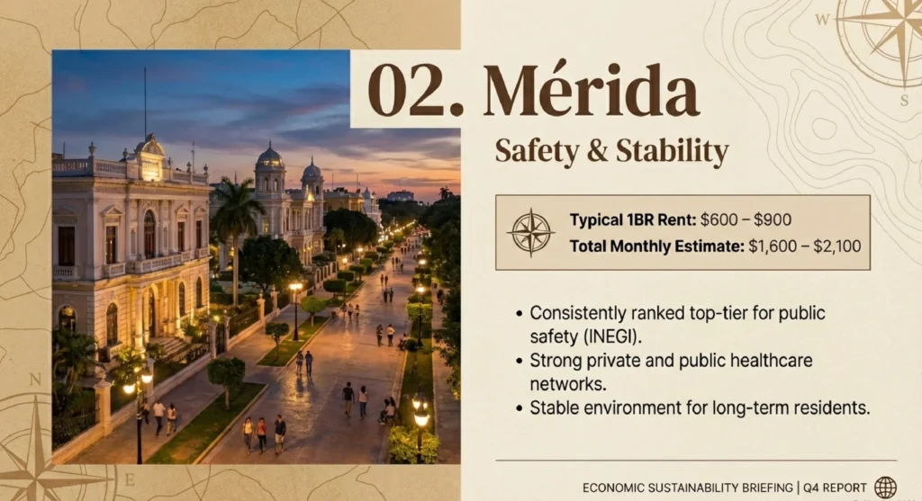 Illuminated boulevard in Mérida at night — safety, stability and rent in Mexico in Mérida