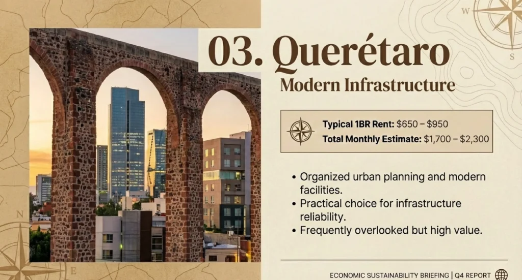 Historic aqueduct beside modern Querétaro skyline — infrastructure and rent in Mexico in Querétaro