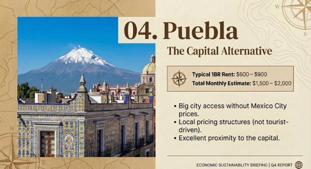 Puebla cathedral and tiled buildings with volcano view — affordable rent in Mexico near the capital