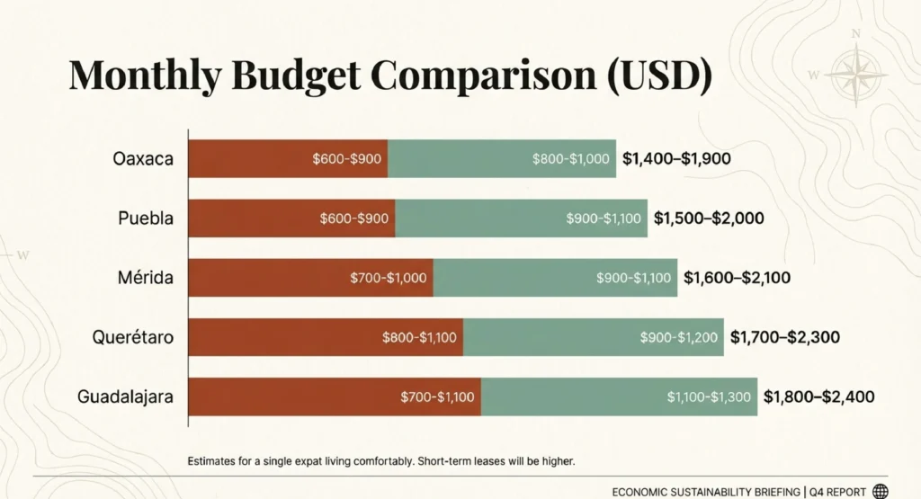 Bar chart comparing monthly rent in Mexico across Oaxaca, Puebla, Mérida, Querétaro and Guadalajara