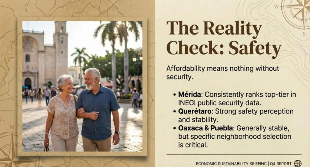 Retired couple walking safely in a Mexican plaza — safety considerations when choosing rent in Mexico