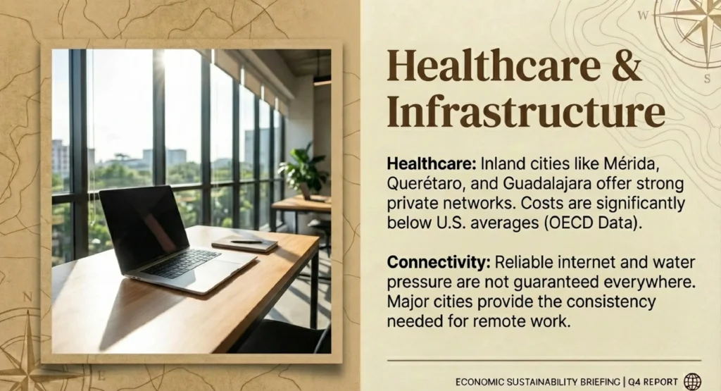 Laptop in a bright modern workspace in Mexico — healthcare and infrastructure quality near rent in Mexico cities