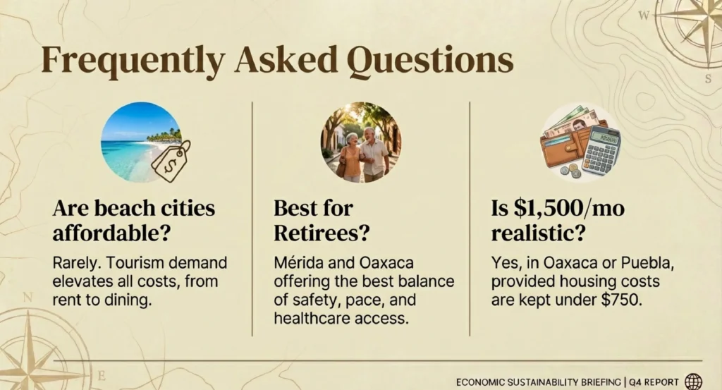 FAQ infographic on affordable cities — common questions about rent in Mexico for expats and retirees