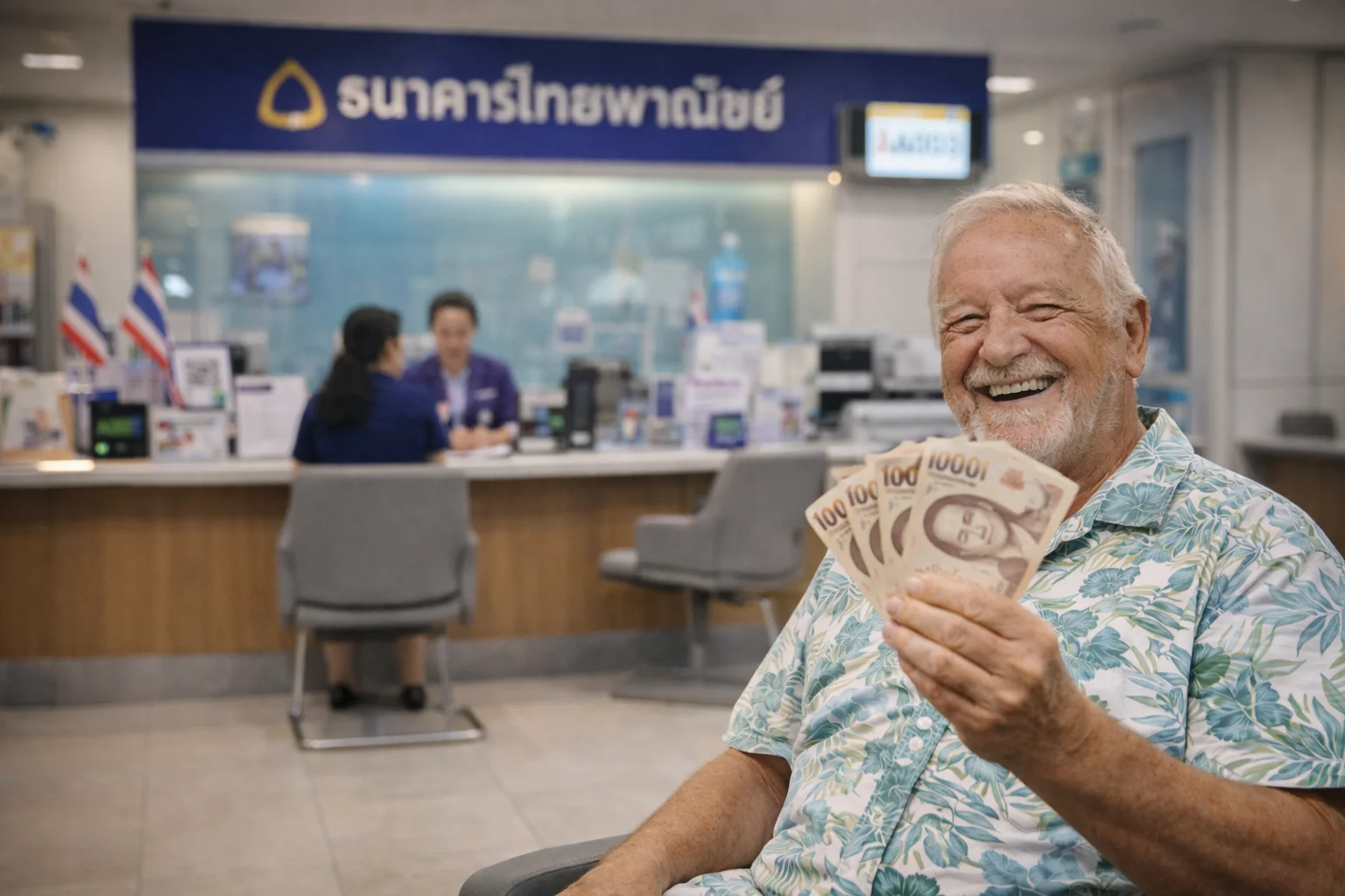 Retired American man at a Thai bank showing income proof with 1,000 baht notes – Thailand retirement visa financial requirements, bank deposit verification, and pension income documentation scene.