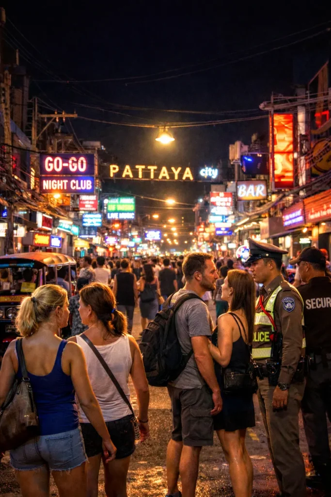 Crowded street scene in Thailand with tourists walking past local shops and street vendors, tropical city atmosphere with warm evening lighting.