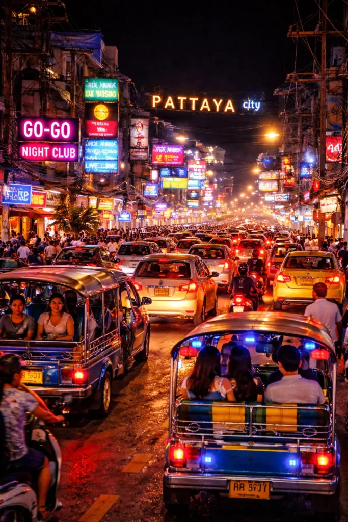 Crowded street scene in Thailand with tourists walking past local shops and street vendors, tropical city atmosphere with warm evening lighting.