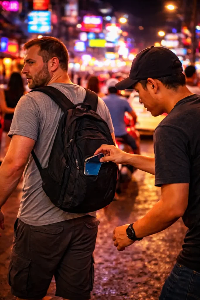 Pickpocket stealing from an American tourist’s backpack in a crowded street in Thailand, hand reaching into an open bag while the tourist looks distracted.