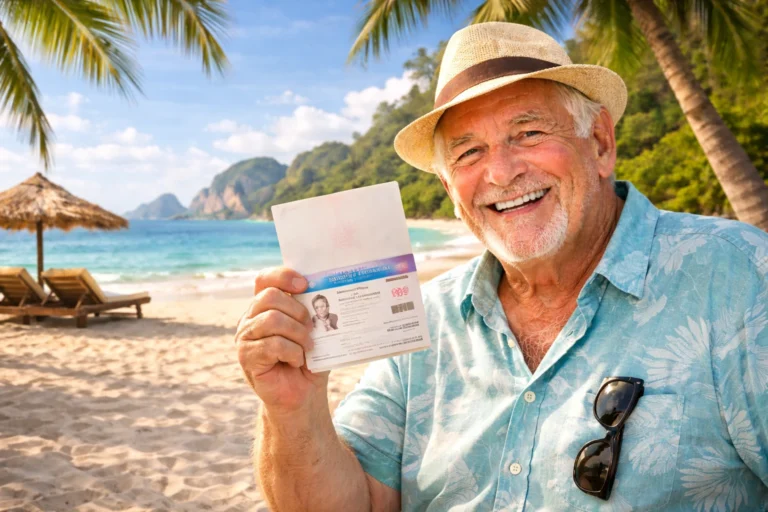 Smiling overweight retiree on a Thailand beach holding a Thai visa in passport – Thailand Retirement Visa guide covering income requirements, cost breakdowns, comparisons, financial proof, healthcare pricing, and tax clarity.