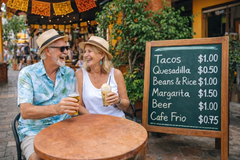 Retired American couple enjoying affordable life in Mexico sitting at outdoor cafe with low dollar menu prices and relaxed expat lifestyle