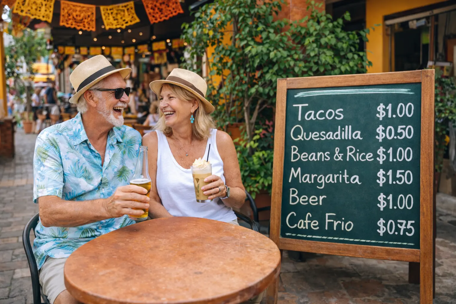 Retired American couple enjoying affordable life in Mexico sitting at outdoor cafe with low dollar menu prices and relaxed expat lifestyle