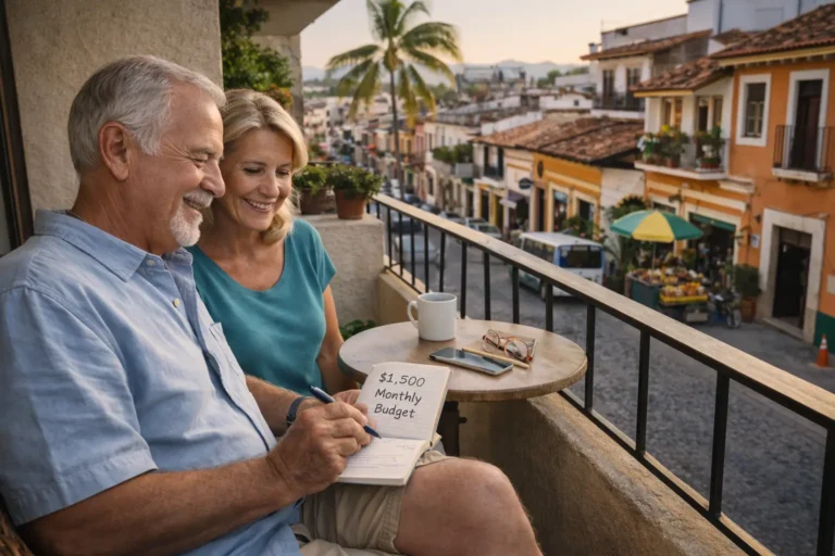 A smiling retired couple sitting on a balcony overlooking a colorful Mexican street, reviewing a notebook labeled "$1,500 Monthly Budget" while planning their relocation to Mexico.