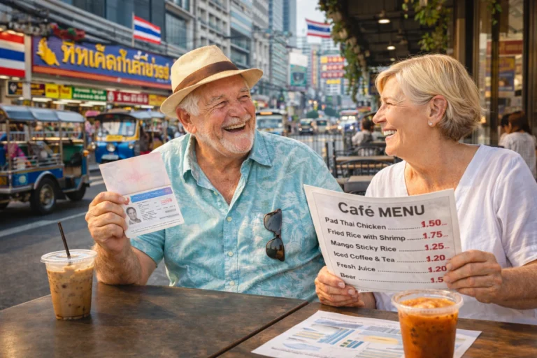 Smiling retired couple at a Bangkok café with very low USD menu prices and Thai signage in the background – lifestyle image for Thailand retirement visa guide covering income requirements, cost breakdowns, visa comparisons, financial proof rules, healthcare pricing, and tax clarity for long-term living.