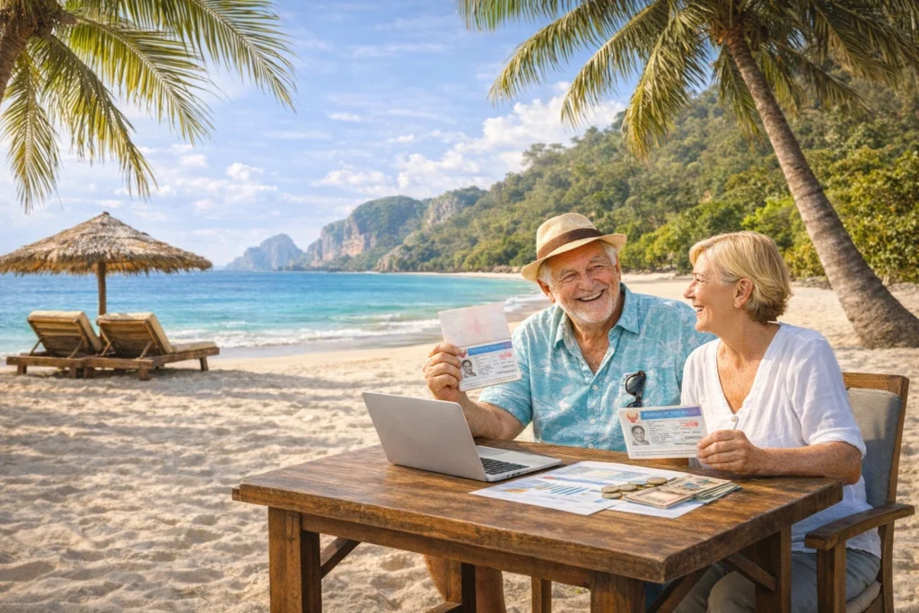 Smiling retired couple enjoying a tropical Thailand beach perfect retirement lifestyle destination Thailand.