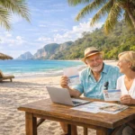 Smiling retired couple enjoying a tropical Thailand beach perfect retirement lifestyle destination Thailand.