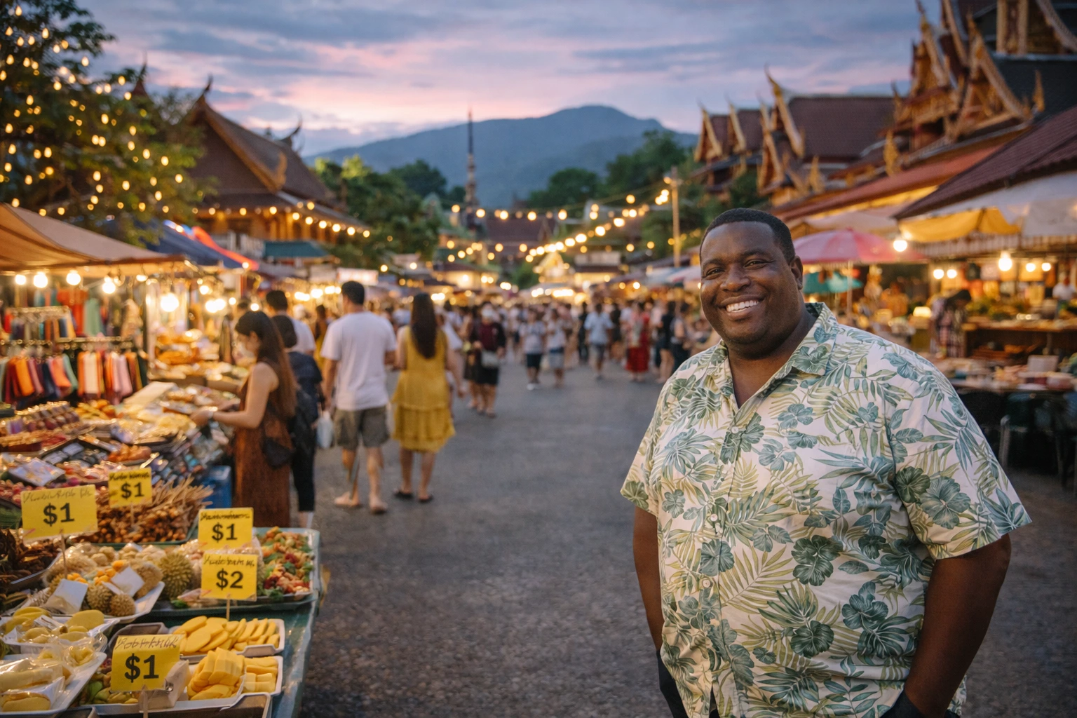 Smiling American retiree exploring Chiang Mai night market – affordable Thailand cost of living scene with low USD prices, vibrant Thai market atmosphere, and expat retirement lifestyle.