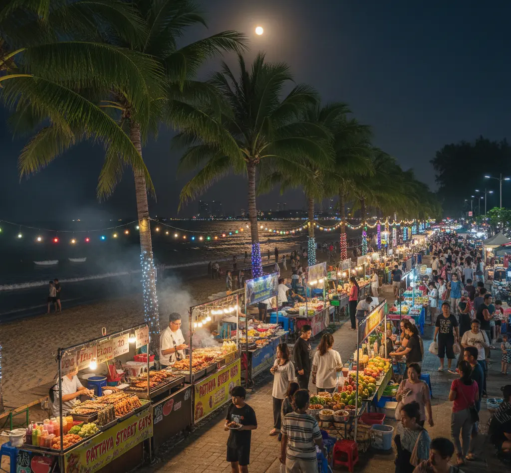 Night market in Pattaya with street food, shopping stalls, and local atmosphere at night