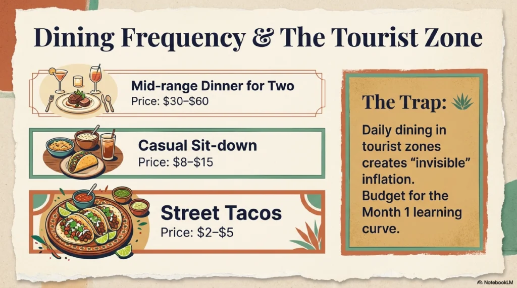 Dining out cost in Mexico street tacos casual restaurants tourist zones price comparison