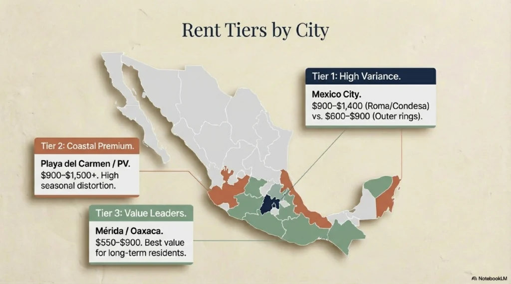Rent prices in Mexico City Playa del Carmen Puerto Vallarta Merida Oaxaca 2026 comparison
